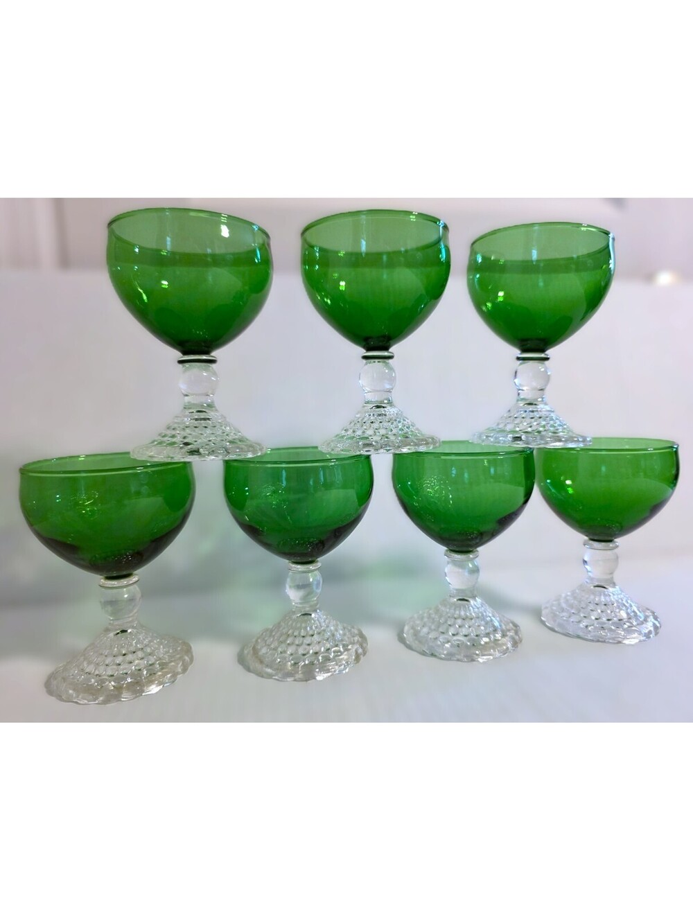 7 Vintage 1950s Anchor Hocking Forest Green Bubble Foot Boopie Glasses Pristine